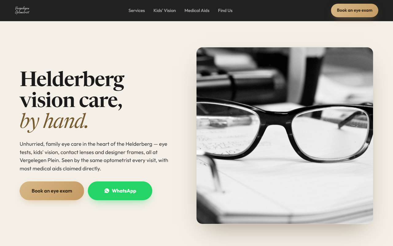Vergelegen Optometrist website preview
