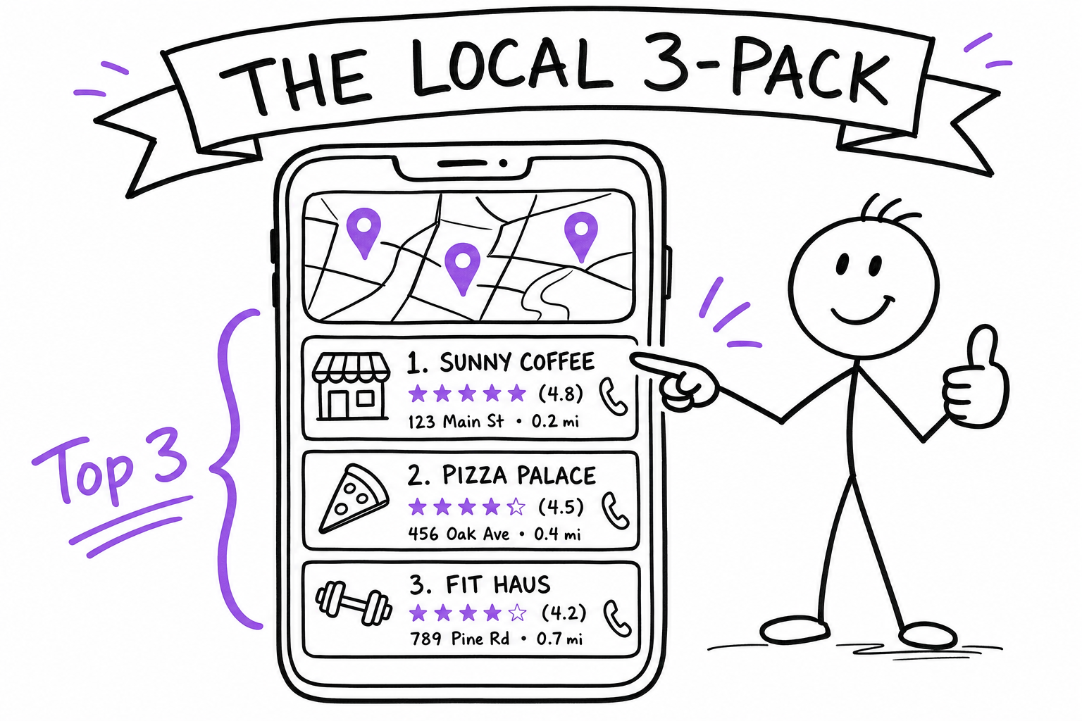 Doodle of a phone showing the local 3-pack: a map with pins and the top three business listings grouped as Top 3