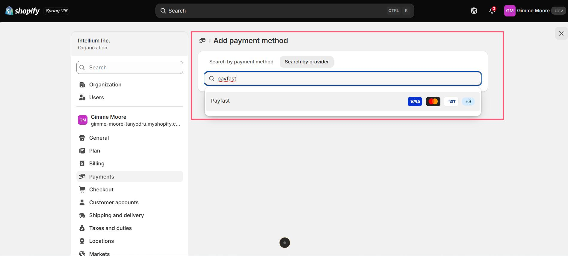 Shopify Add payment method screen, searching by provider for Payfast