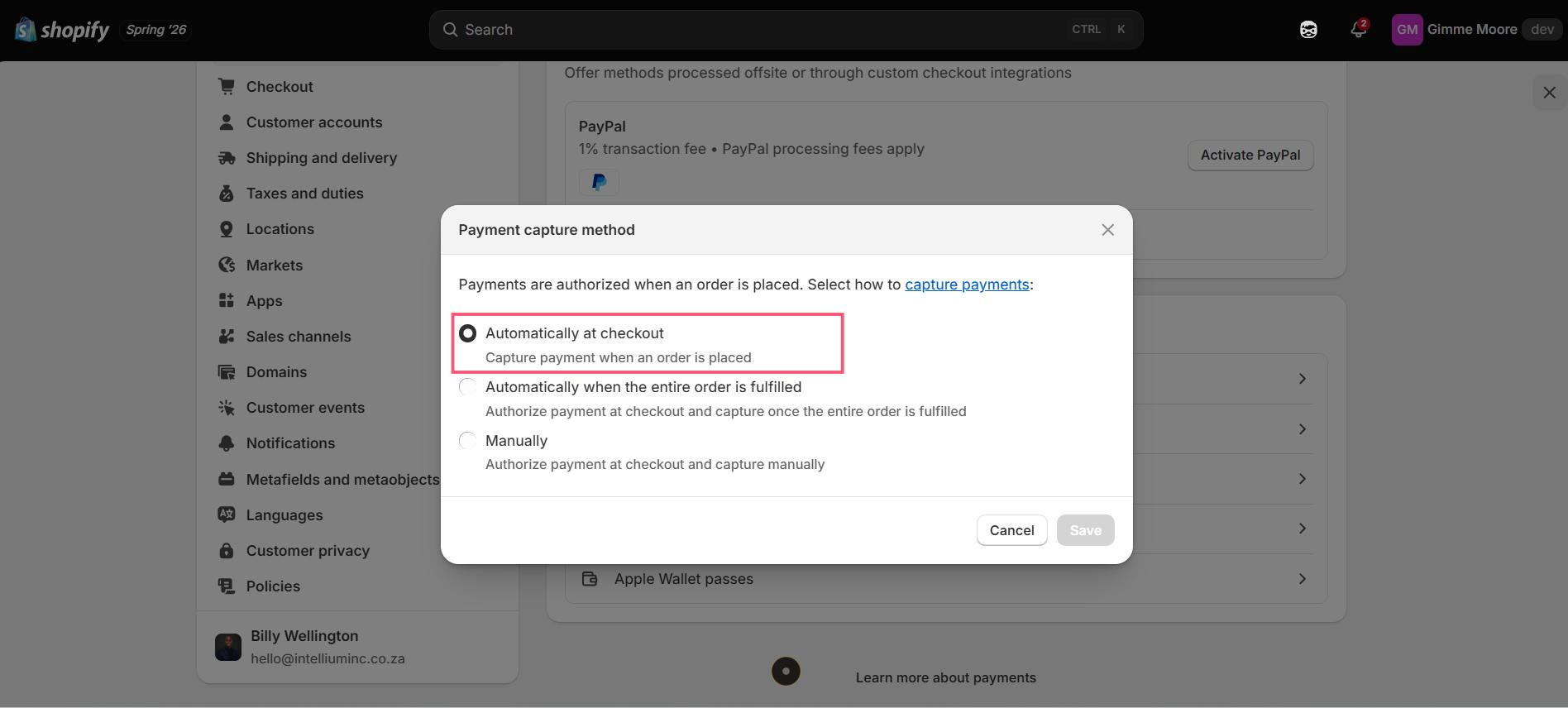 Shopify Payment capture method dialog with Automatically at checkout selected