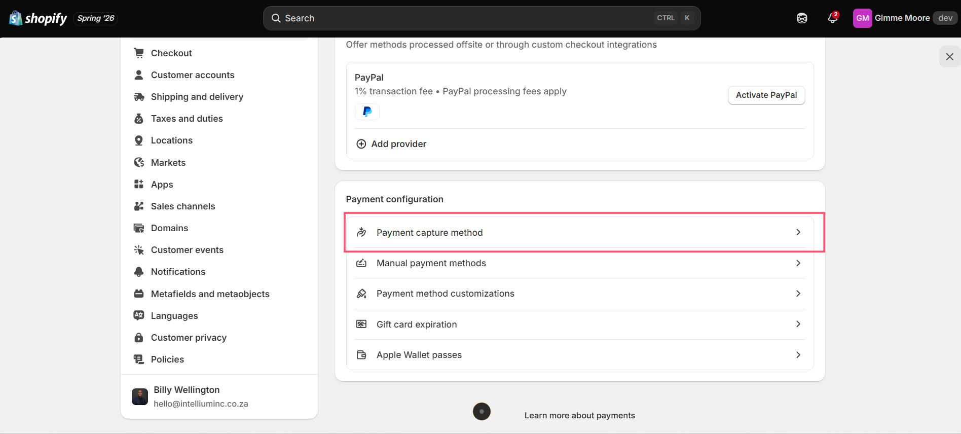 Shopify Payments settings, Payment configuration section with Payment capture method highlighted