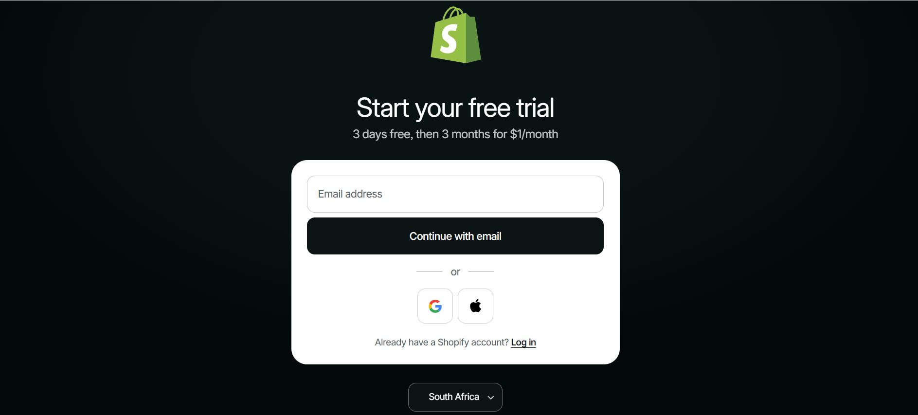 Shopify signup screen showing 3 days free then $1 a month for 3 months, with South Africa as the store location