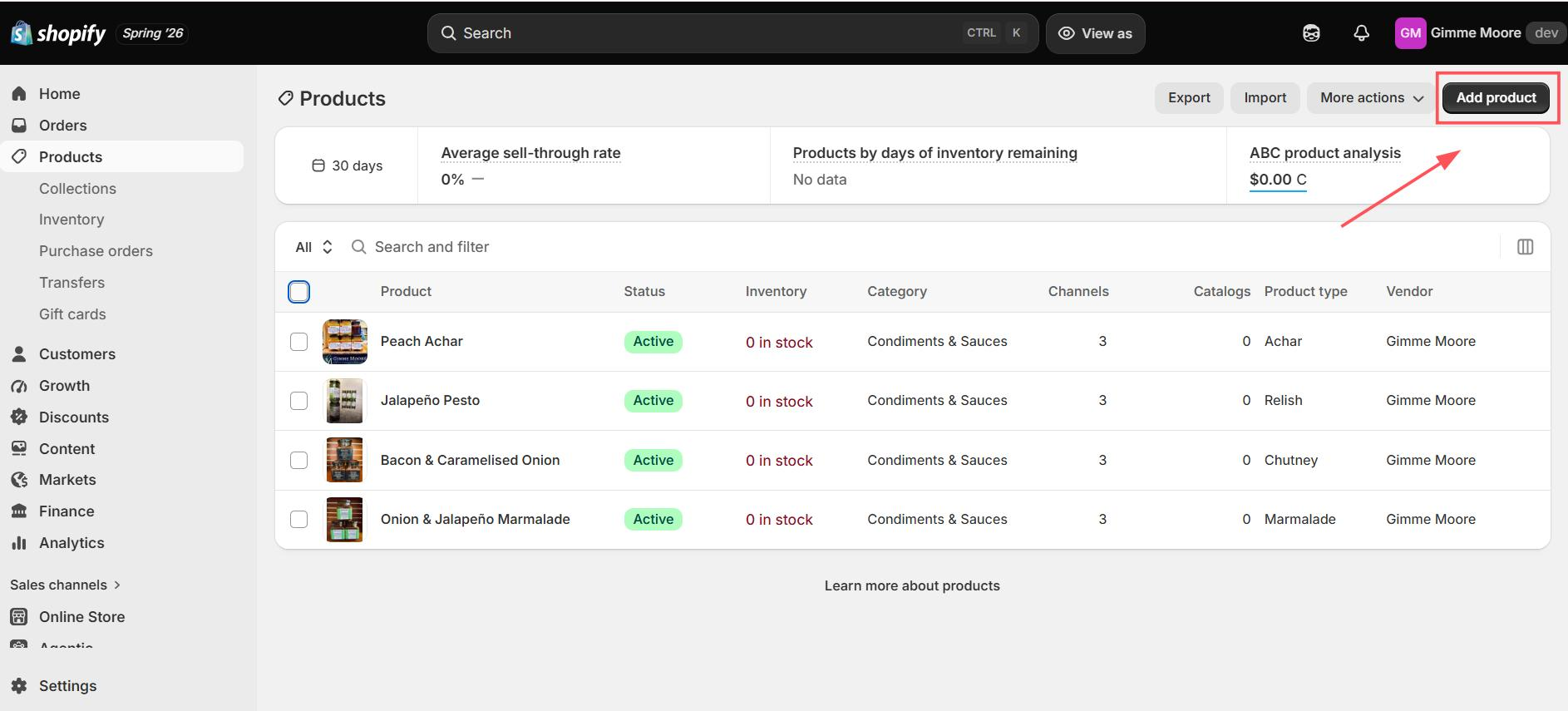 Shopify admin Products page with the Add product button highlighted