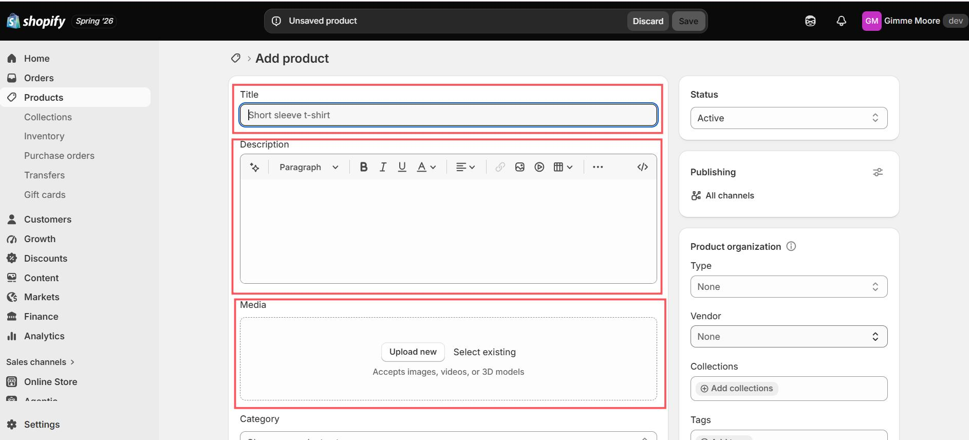 Shopify's Add product editor showing the title, description and media upload fields