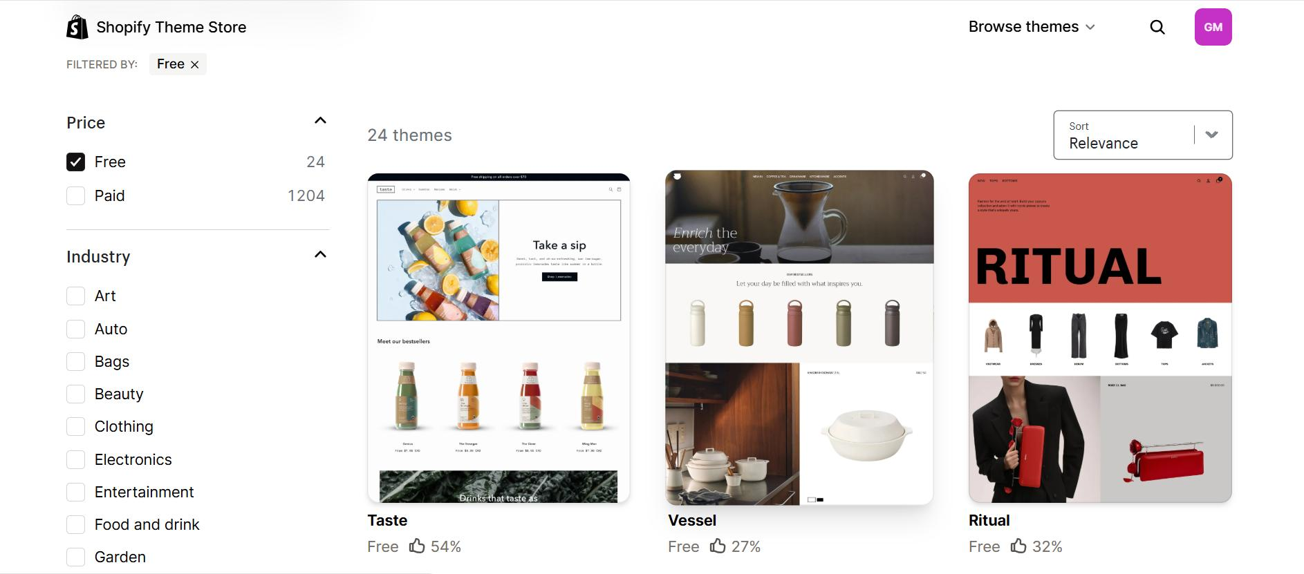Shopify Theme Store showing 24 free themes filtered by industry