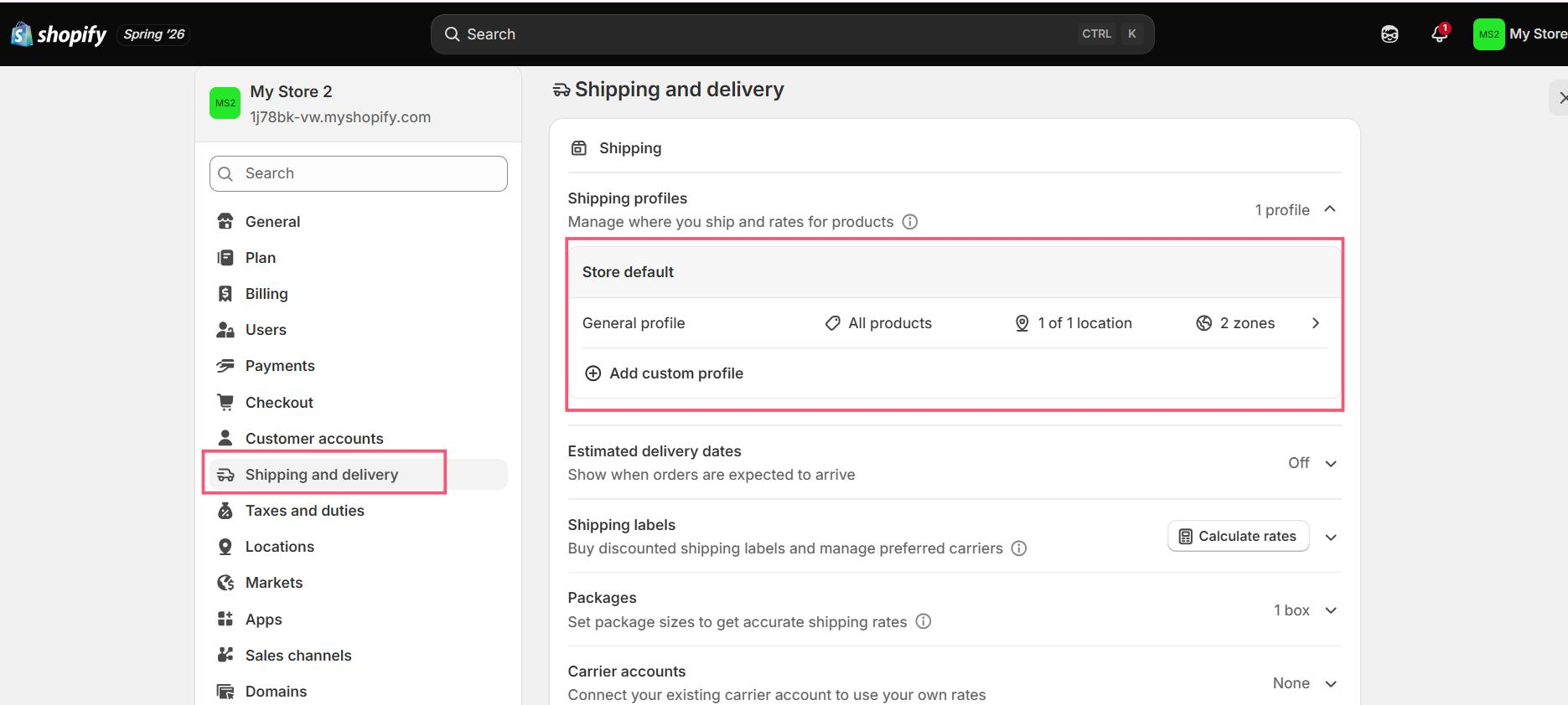 Shopify admin Shipping and delivery settings page