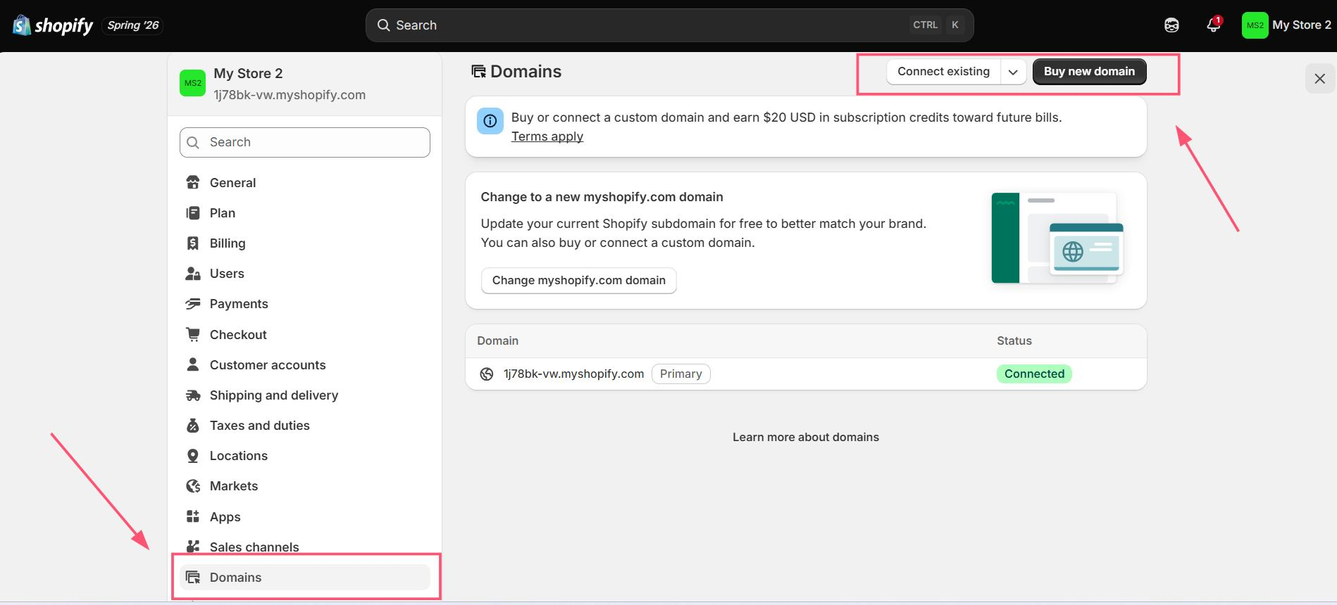 Shopify admin Domains settings page with options to connect an existing domain or buy a new one
