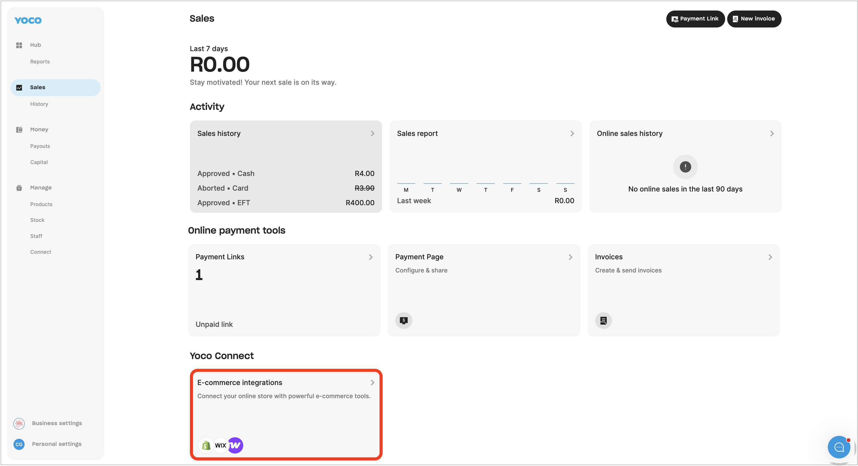 Yoco Web App Sales tab with the e-Commerce integrations card highlighted