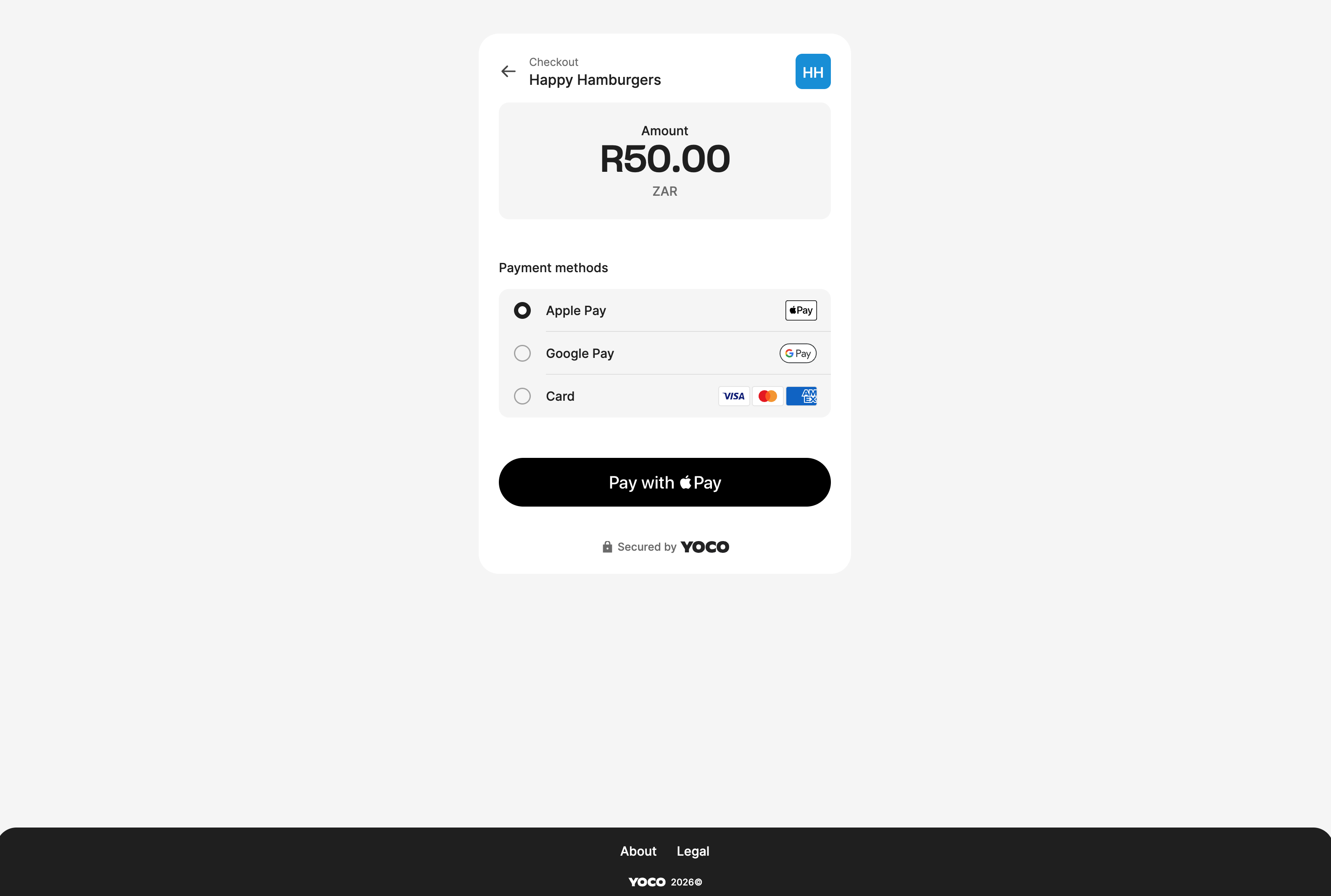 Example Yoco checkout screen showing Apple Pay, Google Pay and Card payment options, secured by Yoco